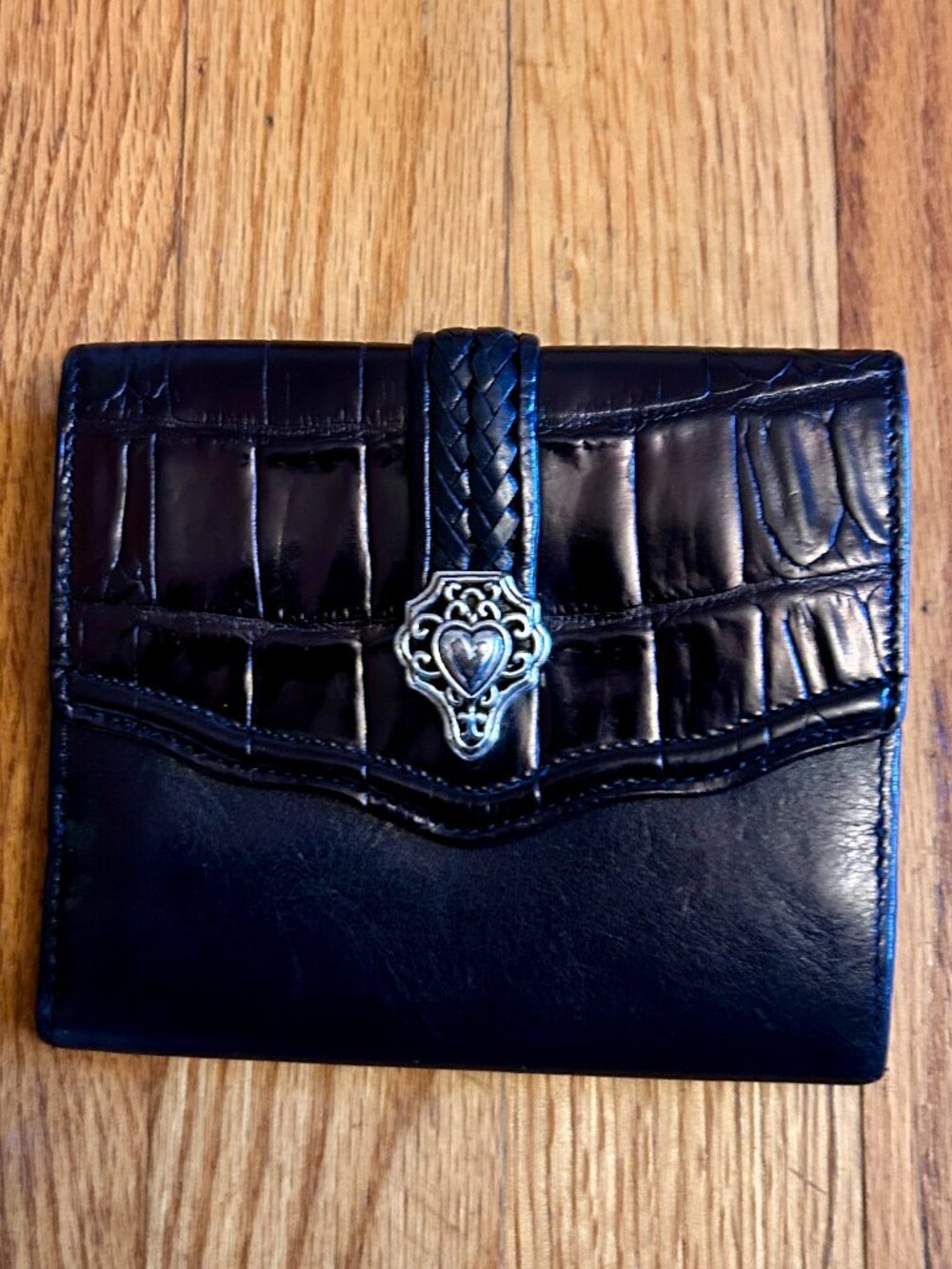 Vintage Brighton Black Croc Embossed Leather Bifold Wallet Heart Medallion